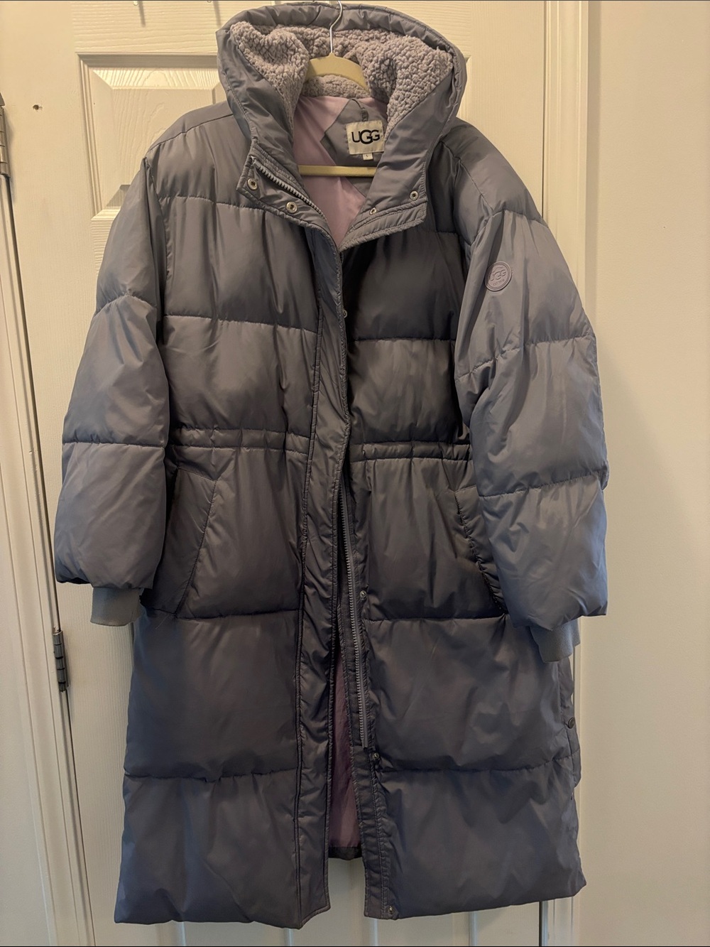 UGG Women's Long Puffer Coat in Light Gray with Sherpa Hood